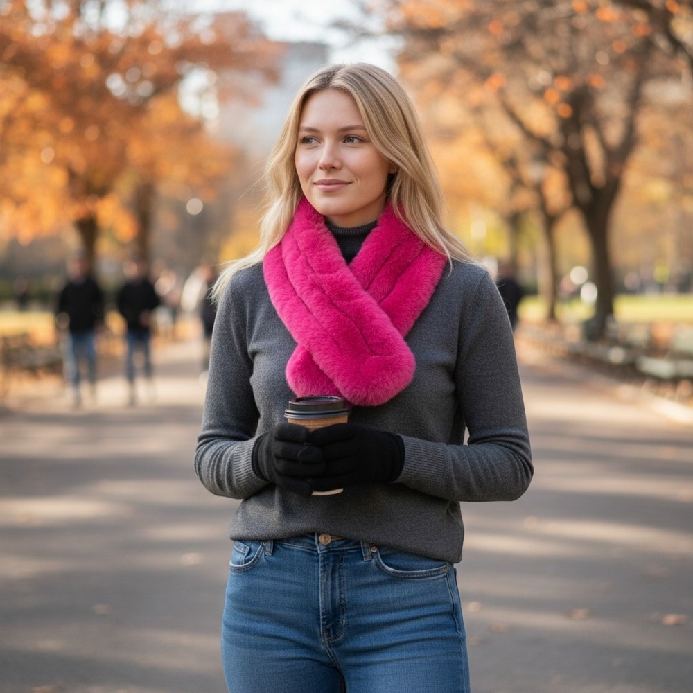 Whitehouse Black Market Faux Fur Scarf Hot Pink Braided PomPom Pull Through Wrap